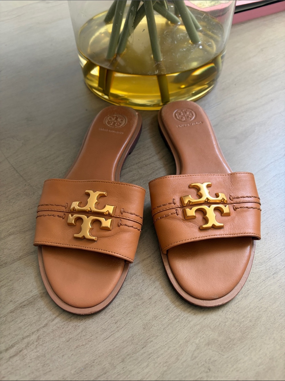 Tory Burch Tan Leather Slide Sandals with Gold Logo